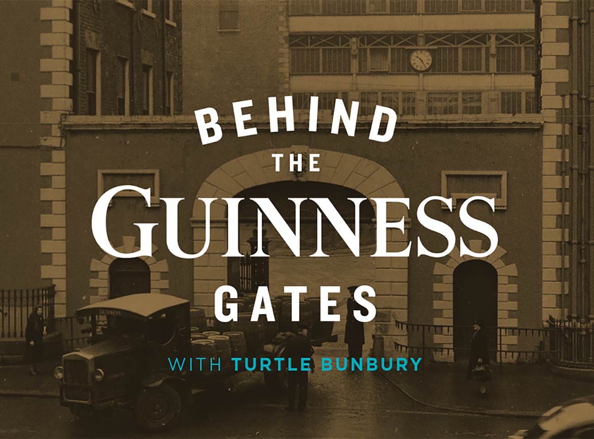 Behind The Guinness Gates podcast artwork, with St James Gate in the background