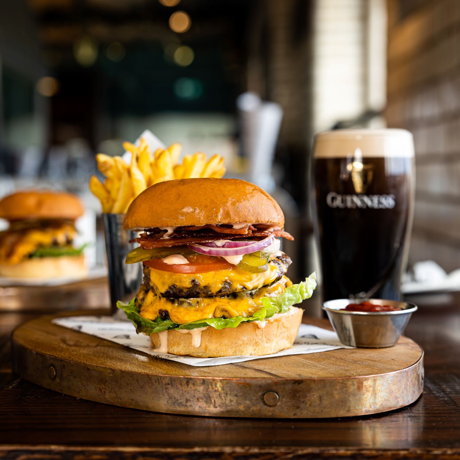 Beef burger and a pint of Guinness at the Guinness Storehouse