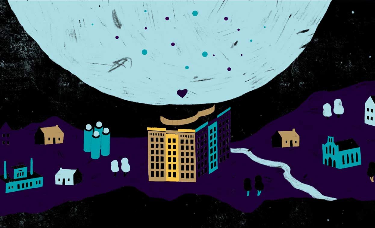 An illustration of the Guinness Storehouse under a big moon, surrounded by other Liberties landmarks