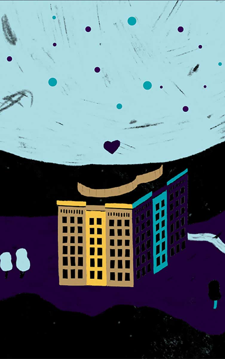 An illustration of the Guinness Storehouse under a big moon, surrounded by other Liberties landmarks