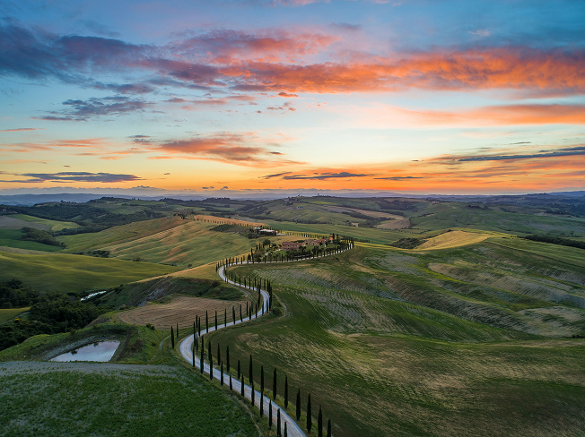 Arial view of Tuscany region during sunset