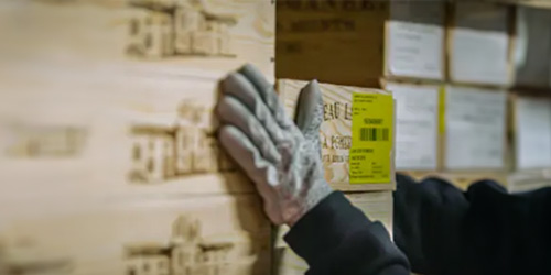 A person with a glove placing delivery stickers on boxes