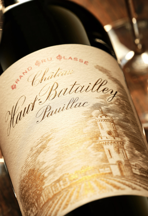 close up of haut batailley wine bottle