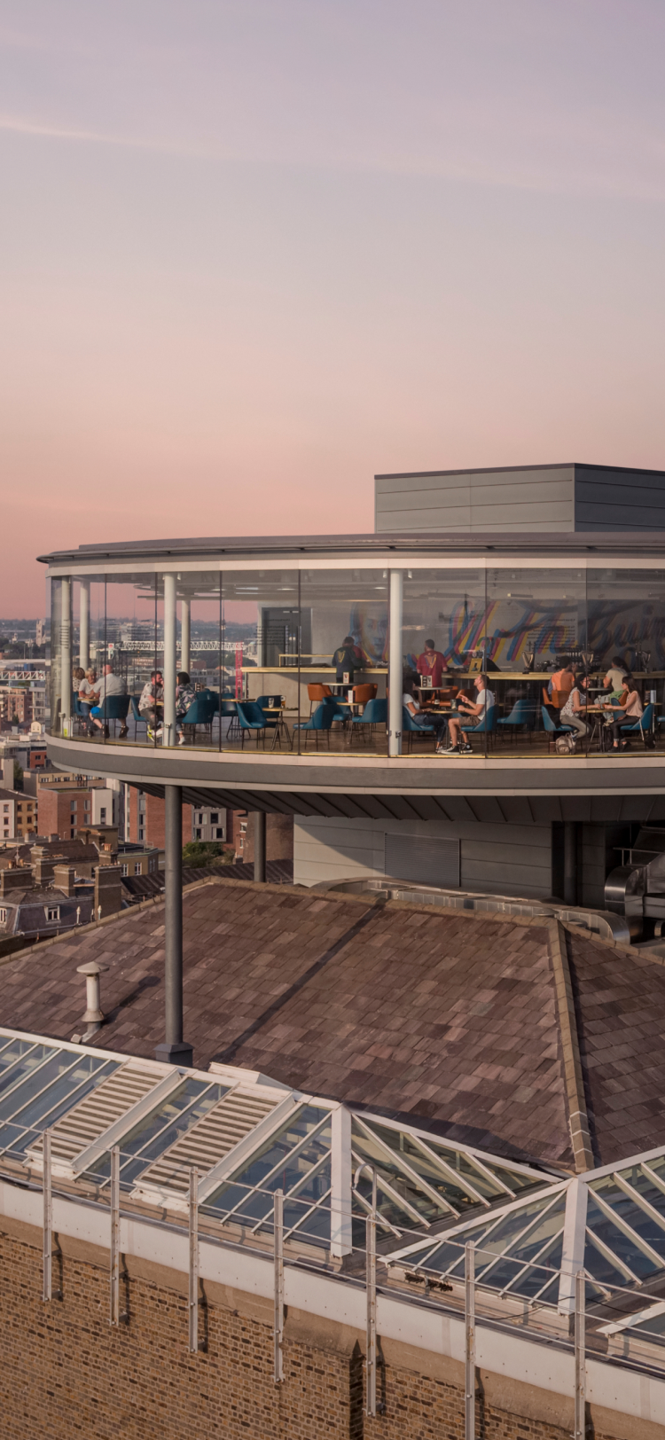 Drone view of the exterior side of the Gravity Bar at the Guinness Storehouse 