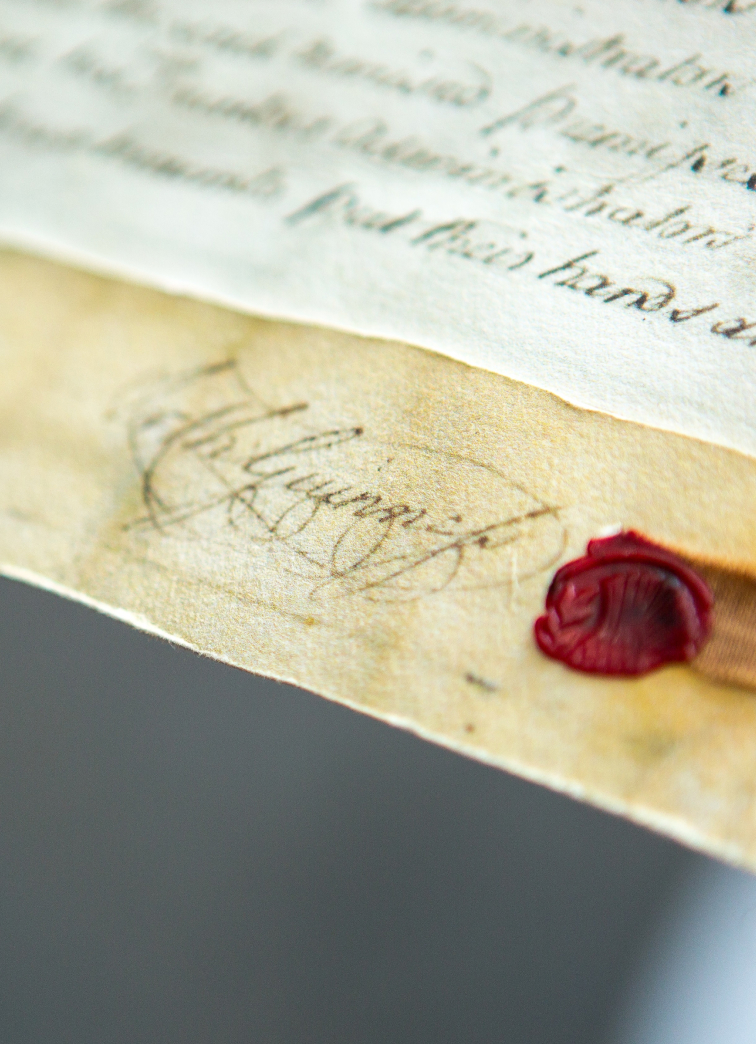 Arthur Guinness signature at the end of the 9,000-year lease for the St. James's Gate brewery site, with signature and wax seal visible.
