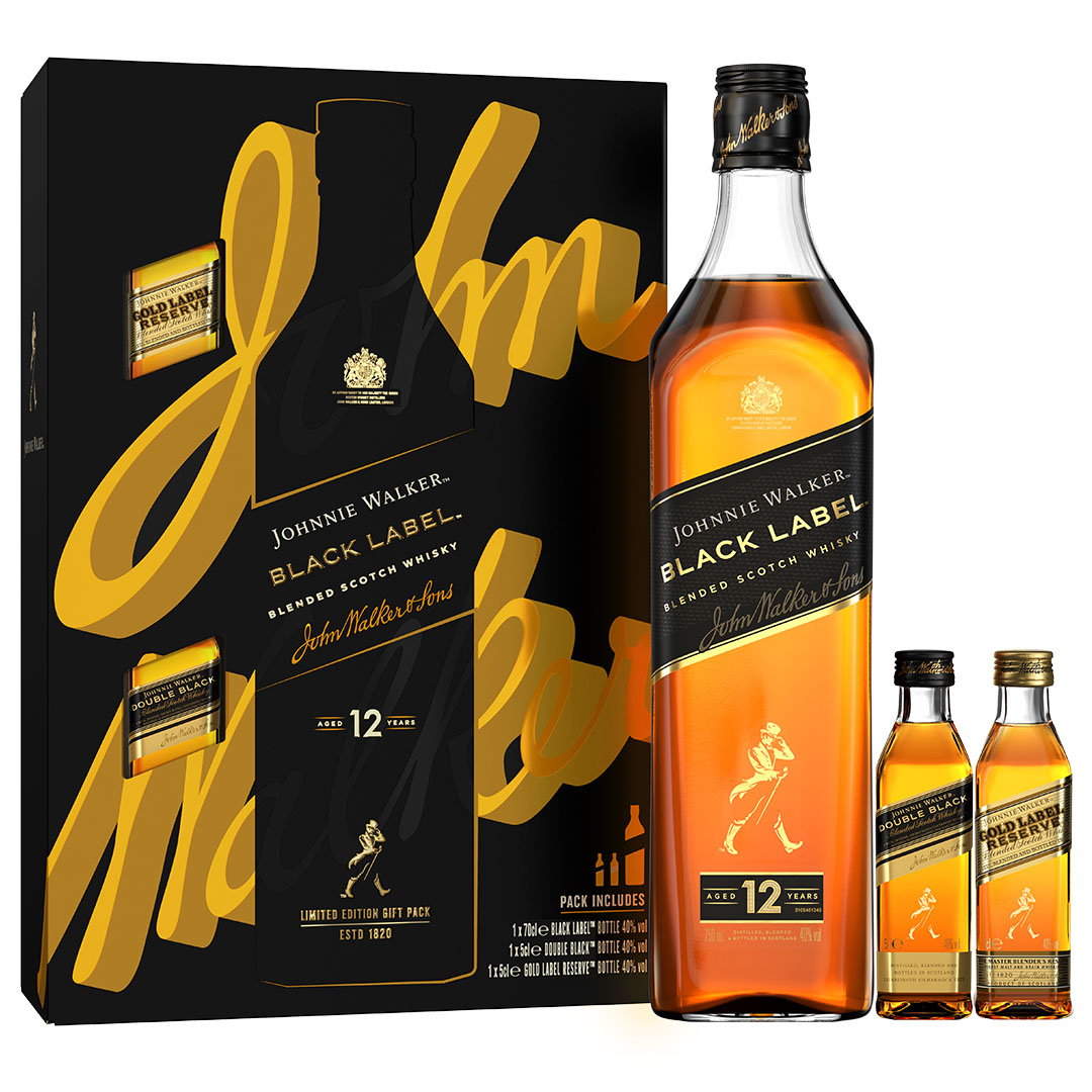 Johnnie Walker Black 70cl With Bar | The Blended Label Scotch 2x5cls Whisky Giftpack