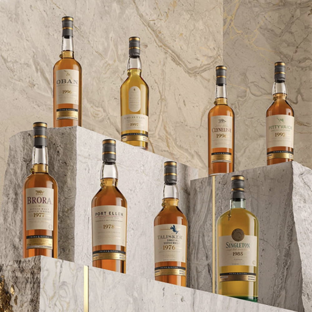 8 bottles of whiskies on rocky platforms