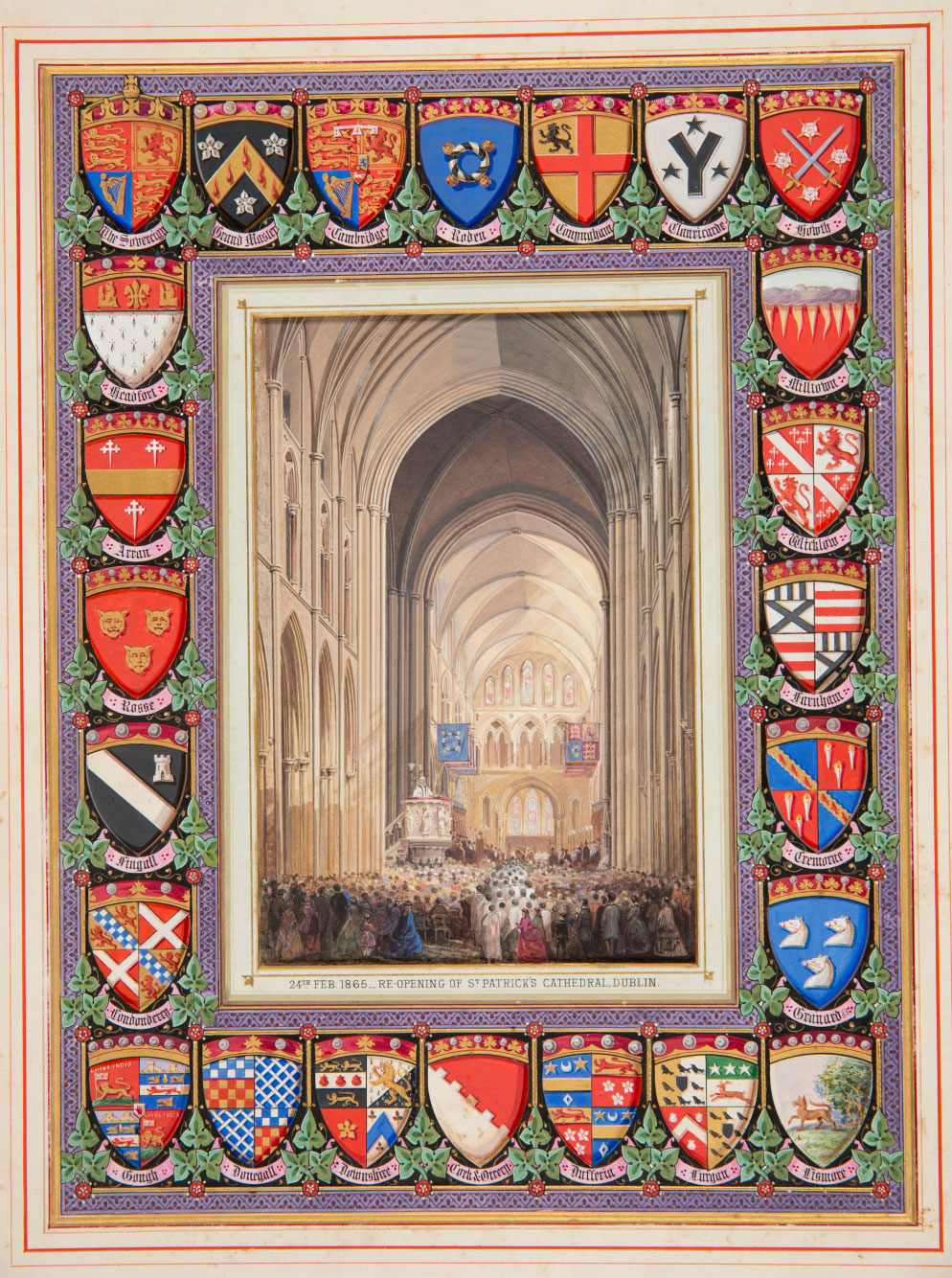 Illuminated book of thanks presented to Benjamin Lee Guinness on the re-opening of St Patrick's Cathedral, the restoration of which he funded, 1865.
